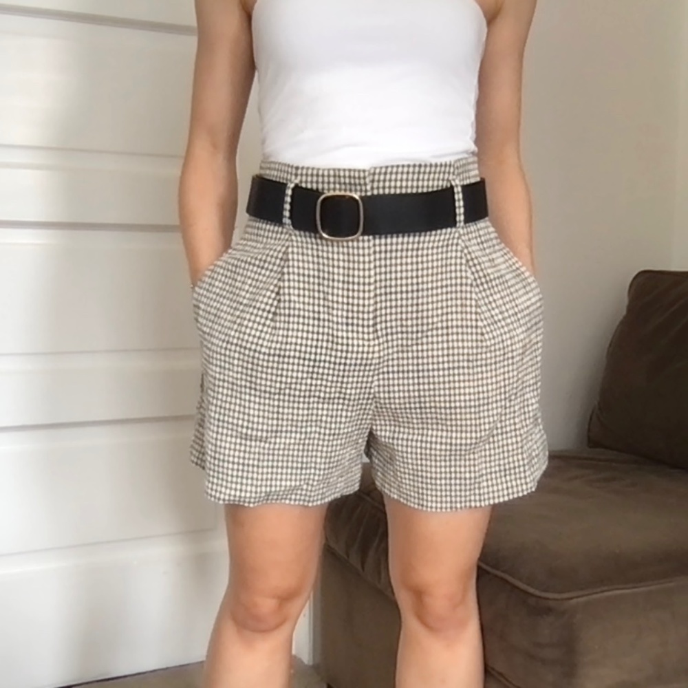 Zara - Belted Plaid Cotton Shorts